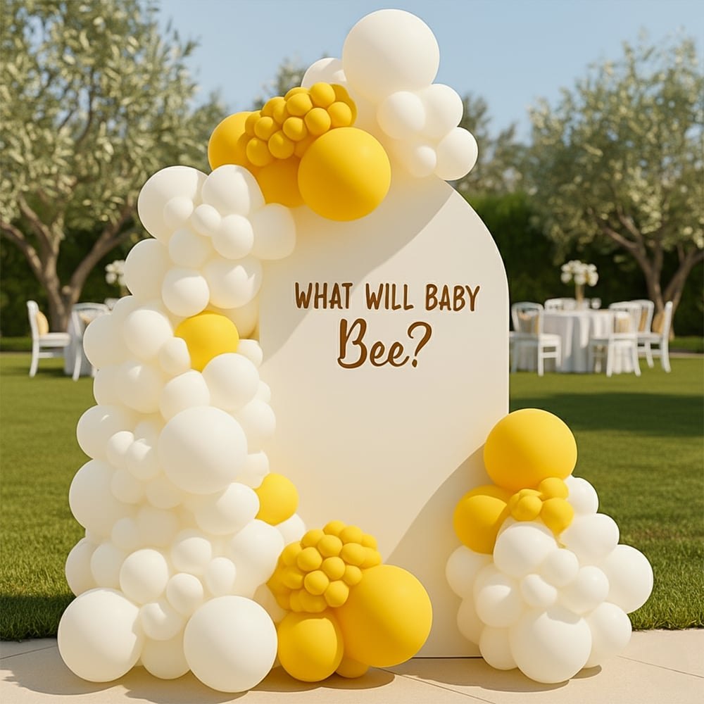 Yellow and white baby shower decorations